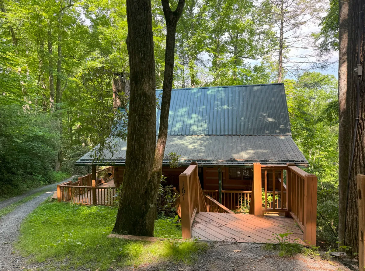 This image features the cabin with a charming sloped roof, a wooden ramp leading to the entrance, and the cabin nestled among tall trees. The lush greenery and inviting approach visually set the scene for adventure and relaxation.