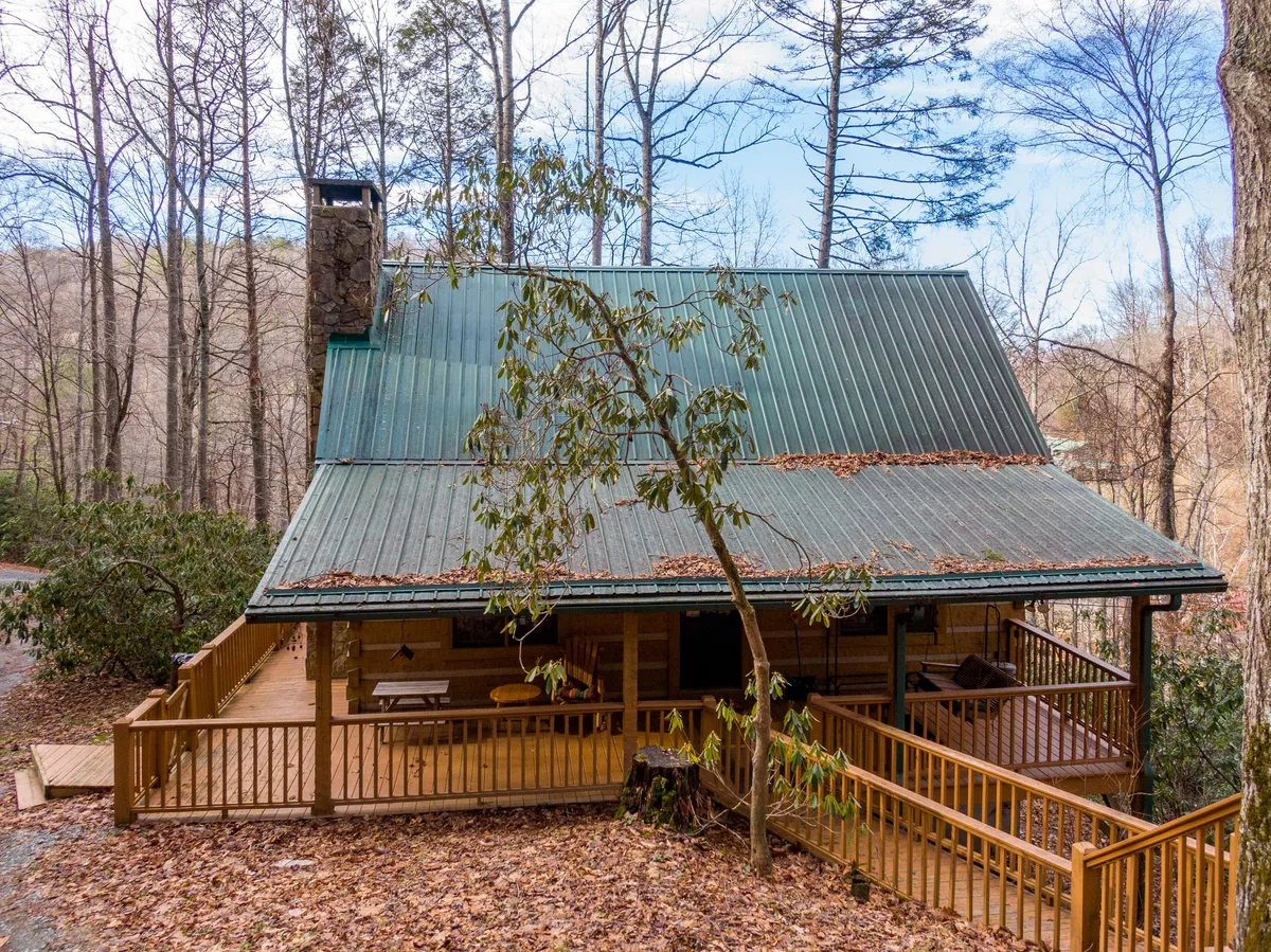 A peaceful log cabin with a green metal roof sits nestled among lush greenery, featuring a spacious wooden deck that invites guests to relax and enjoy the surrounding nature. The scene radiates tranquility and showcases the cabin’s connection to the outdoors, making it a perfect base for adventurous activities or quiet mornings.